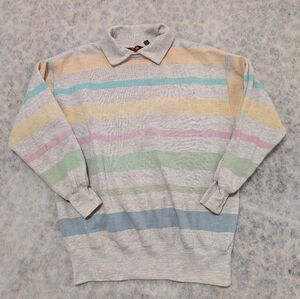 Vintage Tomboy Pastel Striped Collared Sweatshirt 80s 90s Unisex Cozy Retro Rare